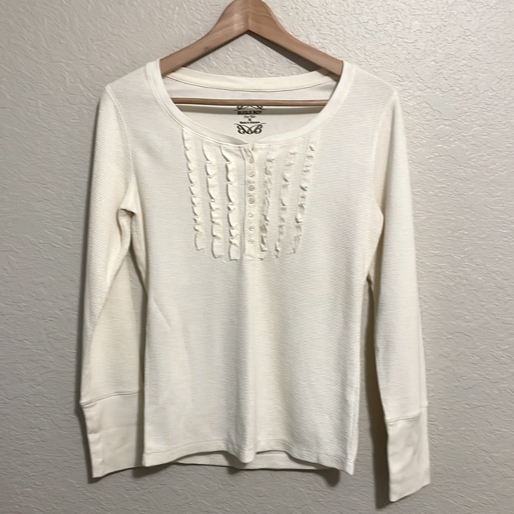 Bugle Boy For Her Vintage 90’s Long Sleeve Ruffle Front Ivory Shirt Size M